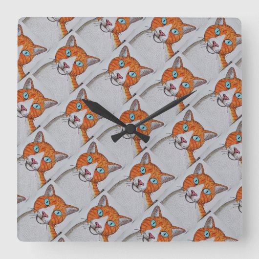 orange and white Cat Wall Clock スクエア壁時計 (正面)