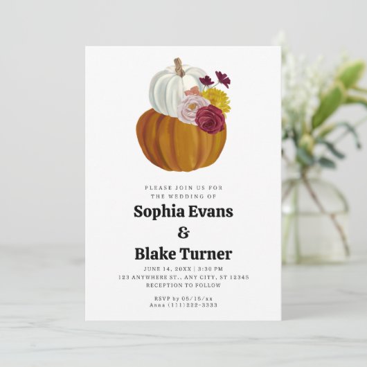 Orange and White Fall Pumpkin White Wedding 招待状 (スタンド正面)