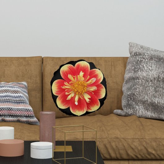 Orange and Yellow Collarette Dahlia Floral ラウンドクッション