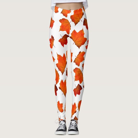 Orange Autumn Fall leaves Leggings レギンス (正面)