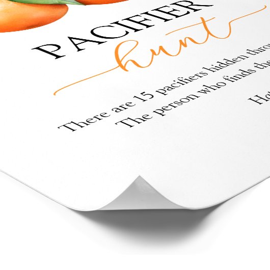 Orange Baby Shower Pacifier Hunt Game Sign ポスター (角)