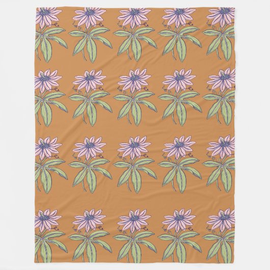Orange background pink flower pattern フリースブランケット (正面)
