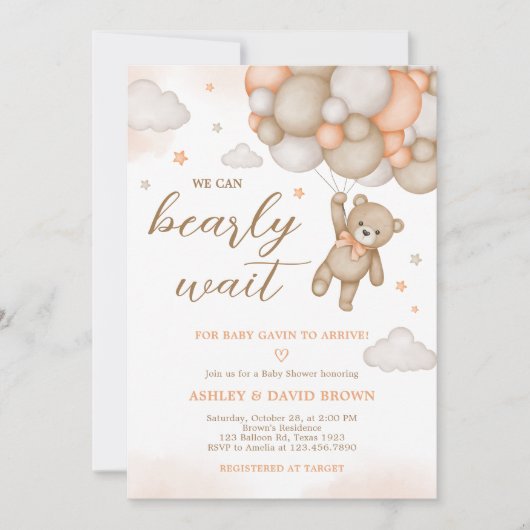 Orange Bear Balloons Baby Shower  招待状 (正面)