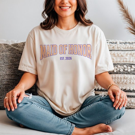 Orange + Beige Stripe Navy MAID OF HONOR  Tシャツ