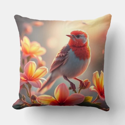 Orange Bird Floral Throw Pillow クッション (正面)