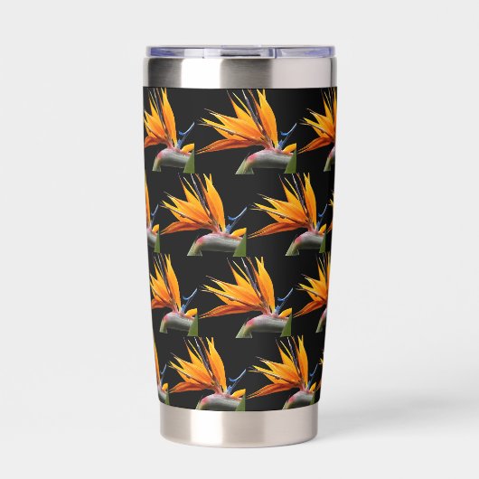 Orange Bird of Paradise Plant Pattern on Black 保温保冷タンブラー (正面)
