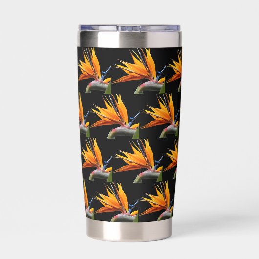 Orange Bird of Paradise Plant Pattern on Black 保温保冷タンブラー (背面)
