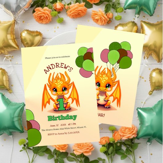 Orange Birthday Dragon invitation 招待状