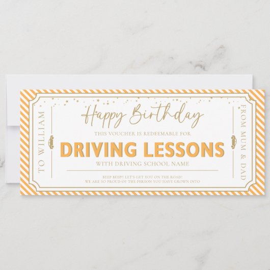Orange Birthday Driving Lessons Gift Voucher Card 招待状 (正面)