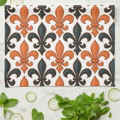 Orange Black Baroque Fleur-de-lis Pattern Design キッチンタオル (折り畳み)