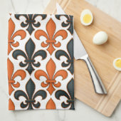 Orange Black Baroque Fleur-de-lis Pattern Design キッチンタオル (四つ折り)