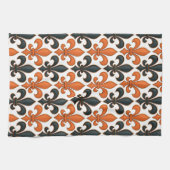 Orange Black Baroque Fleur-de-lis Pattern Design キッチンタオル (横)