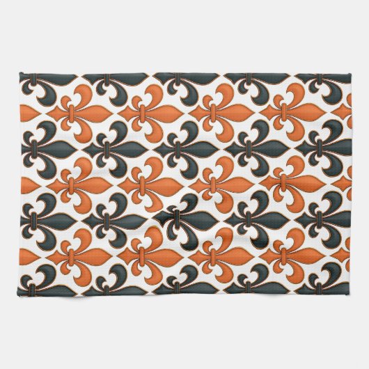 Orange Black Baroque Fleur-de-lis Pattern Design キッチンタオル (横)