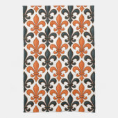 Orange Black Baroque Fleur-de-lis Pattern Design キッチンタオル (縦)