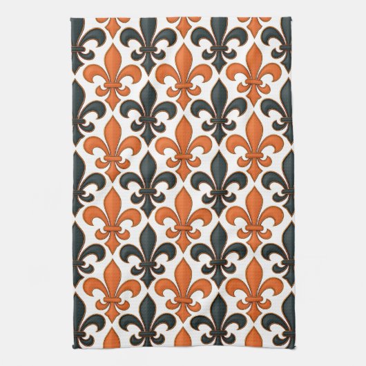 Orange Black Baroque Fleur-de-lis Pattern Design キッチンタオル (縦)