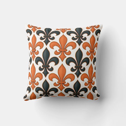 Orange Black Baroque Fleur-de-lis Pattern Design  クッション (裏面)
