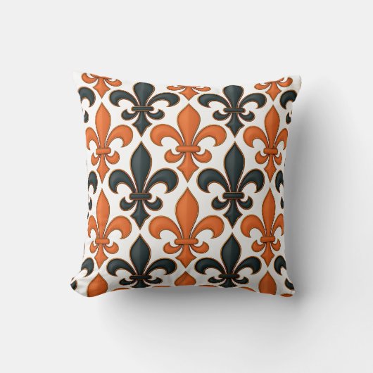 Orange Black Baroque Fleur-de-lis Pattern Design  クッション (正面)