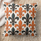 Orange Black Baroque Fleur-de-lis Pattern Design  クッション