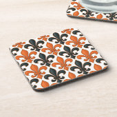 Orange Black Baroque Fleur-de-lis Pattern Design  コースター (左側)