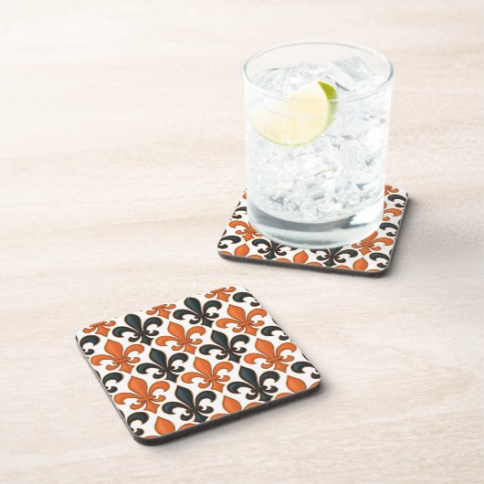 Orange Black Baroque Fleur-de-lis Pattern Design  コースター (右側)