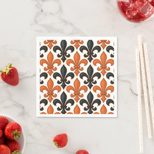 Orange Black Baroque Fleur-de-lis Pattern Design スタンダードカクテルナプキン (インサイチュ)