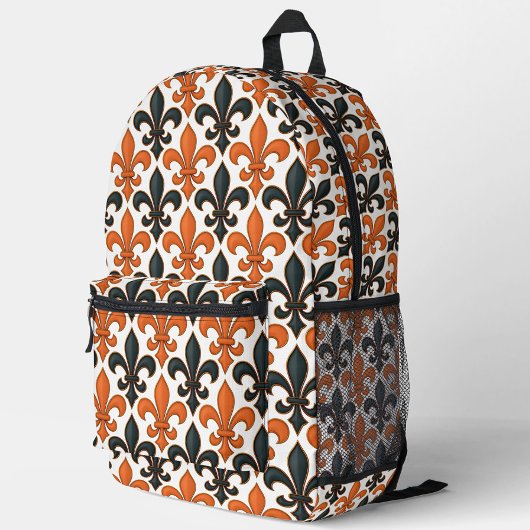 Orange Black Baroque Fleur-de-lis Pattern Design プリントバックパック