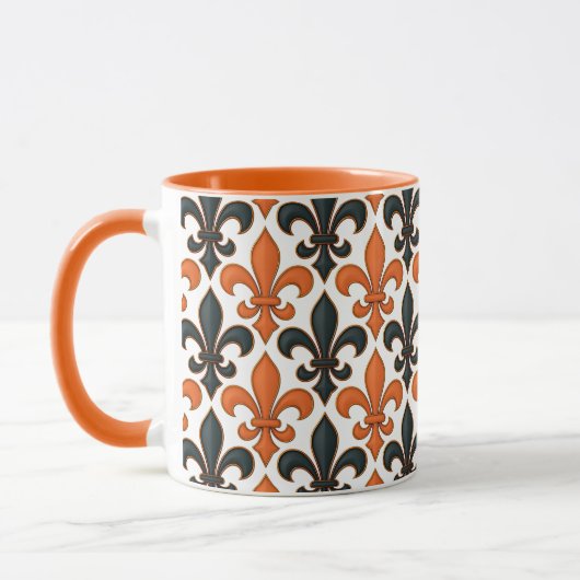 Orange Black Baroque Fleur-de-lis Pattern Design マグカップ (左)