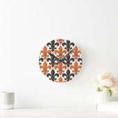 Orange Black Baroque Fleur-de-lis Pattern Design  ラウンド壁時計 (ホーム)