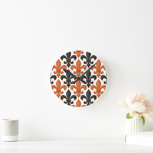 Orange Black Baroque Fleur-de-lis Pattern Design ラウンド壁時計 (ホーム)
