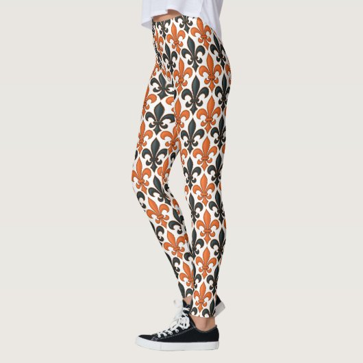 Orange Black Baroque Fleur-de-lis Pattern Design レギンス (左)