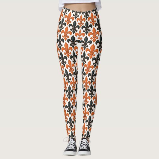 Orange Black Baroque Fleur-de-lis Pattern Design  レギンス (正面)