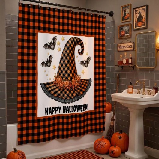 Orange & Black Gingham Halloween Witch Hat & Bats シャワーカーテン