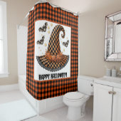 Orange & Black Gingham Halloween Witch Hat & Bats シャワーカーテン (インサイチュ)