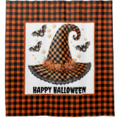 Orange & Black Gingham Halloween Witch Hat & Bats シャワーカーテン (正面)