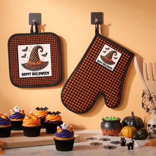 Orange & Black Gingham Halloween Witch Hat & Bats 鍋つかみ&鍋敷きセット
