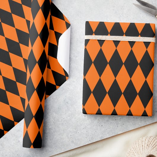 Orange Black Harlequin Diamonds Checkers Design  ラッピングペーパー