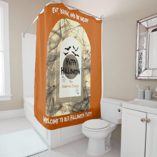 Orange Black Spooky Full Moon Bats Happy Halloween シャワーカーテン (インサイチュ)