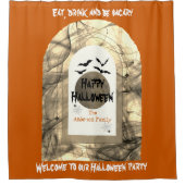 Orange Black Spooky Full Moon Bats Happy Halloween シャワーカーテン (正面)
