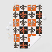 Orange Black White Checkered Fleur-de-lis Design  ゴルフタオル (インサイチュ)