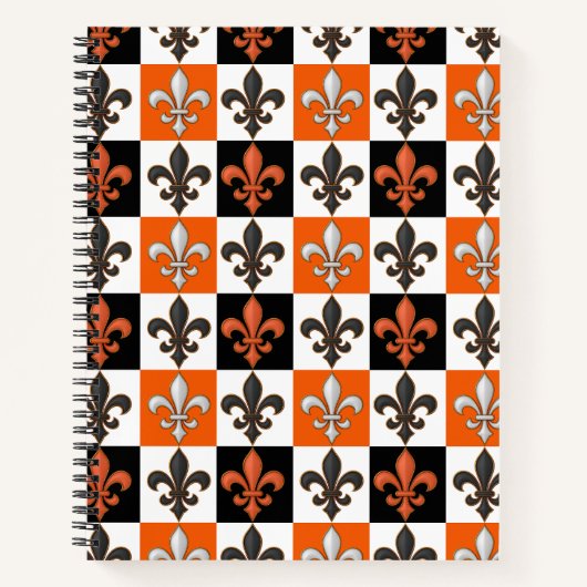 Orange Black White Checkered Fleur-de-lis Design  ノートブック (正面)