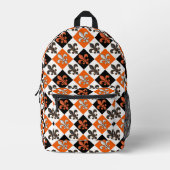 Orange Black White Checkered Fleur-de-lis Design  プリントバックパック (正面)