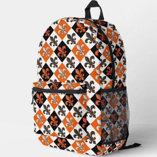Orange Black White Checkered Fleur-de-lis Design  プリントバックパック