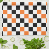 Orange Black White Checkered Pattern Design  キッチンタオル (折り畳み)