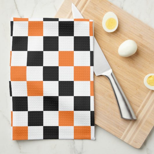 Orange Black White Checkered Pattern Design  キッチンタオル (四つ折り)