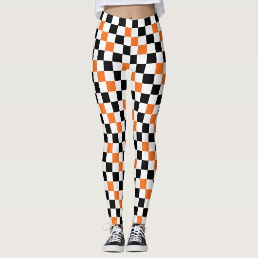 Orange Black White Checkered Pattern Design  レギンス (正面)