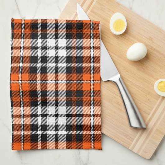 Orange Black White Plaid Tartan Pattern Design  キッチンタオル (四つ折り)
