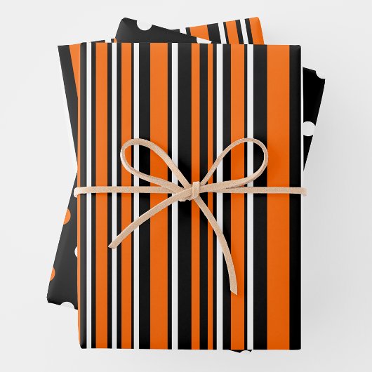 Orange, Black & White Trendy Stripes & Polka Dots ラッピングペーパーシート