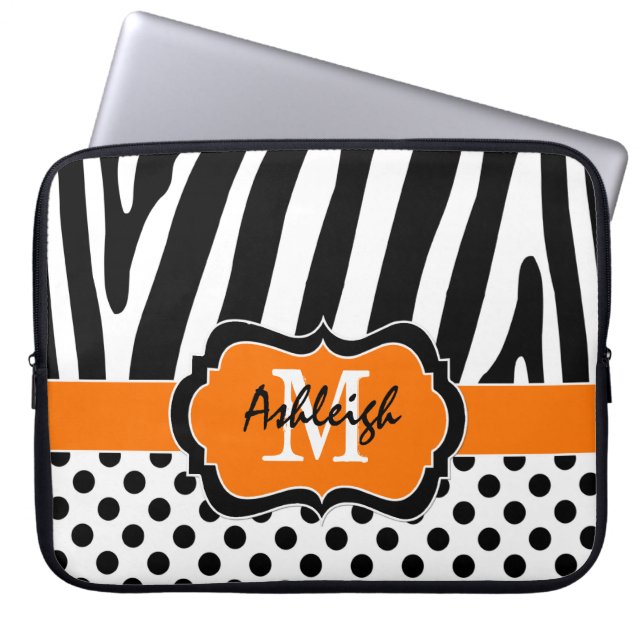 Orange Black Zebra Stripes Polka Dots Laptop Case ラップトップスリーブ (正面)