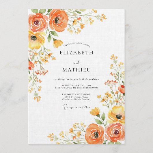 Orange Blossom Painterly Romance Wedding 招待状 (正面)