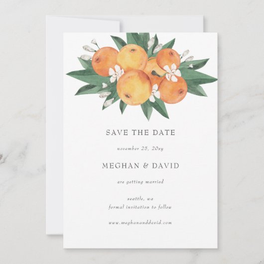 Orange Blossoms Citrus Botanical Save the Date 案内状 (正面)